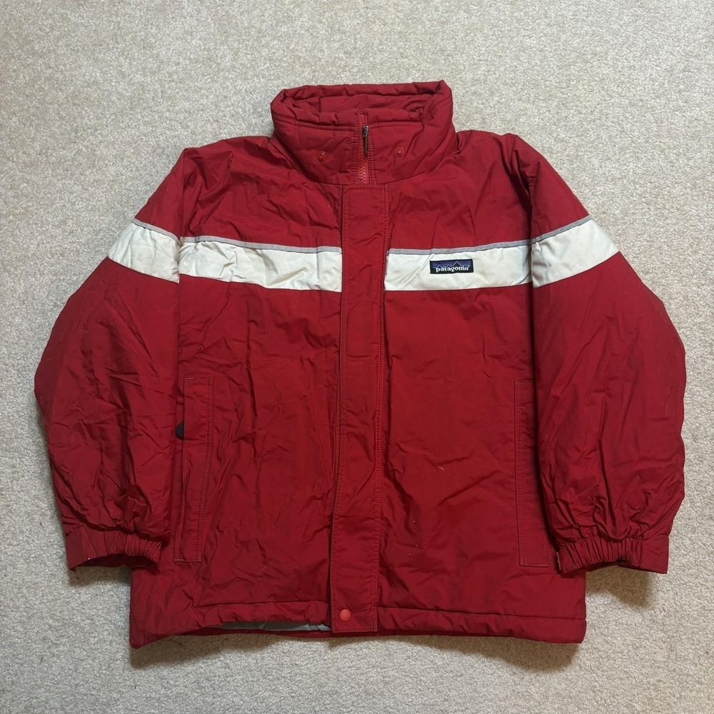 Vtg Patagonia Puffer Jacket Youth Large Red White Stripe Insulated‎ Ski Winter